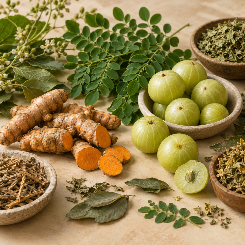 Curated turmeric, amla, moringa leaves and dried herbs
