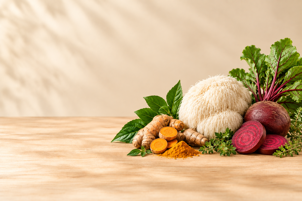 Beetroot, turmeric, and lion’s mane botanical image