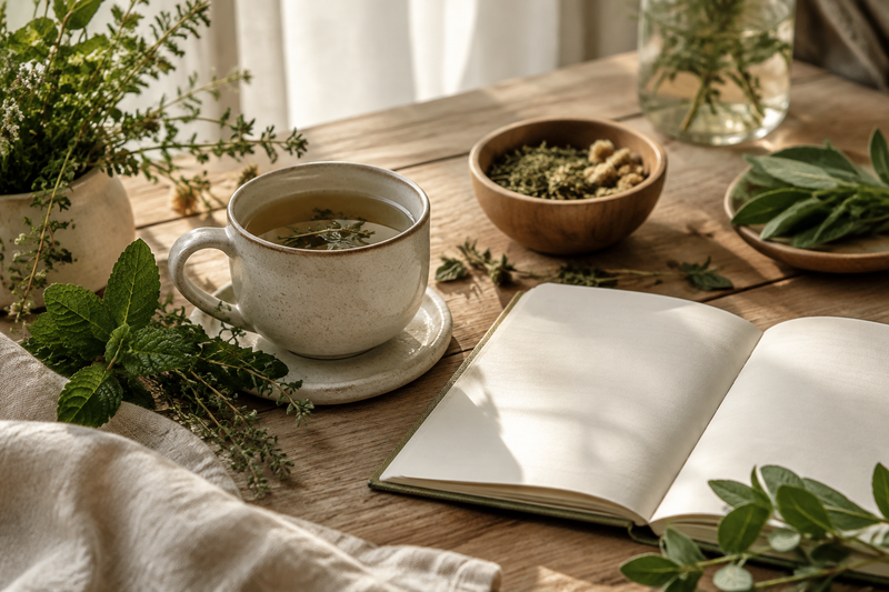 Herbal tea, fresh herbs, natural ingredients and a blank journal