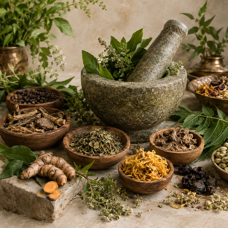 Stone mortar and pestle surrounded by herbs and wooden bowls